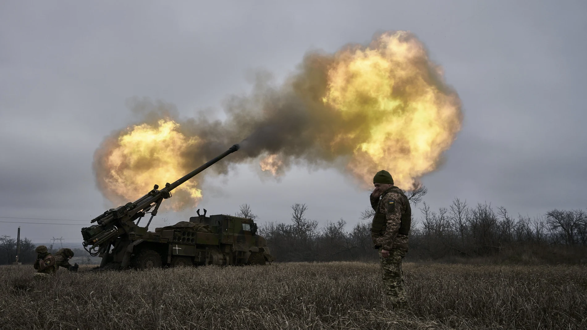 Ukrainian soldiers fire a French-made CAESAR self-propelled howitzer towards Russian positions near Avdiivka, Donetsk region, Ukraine