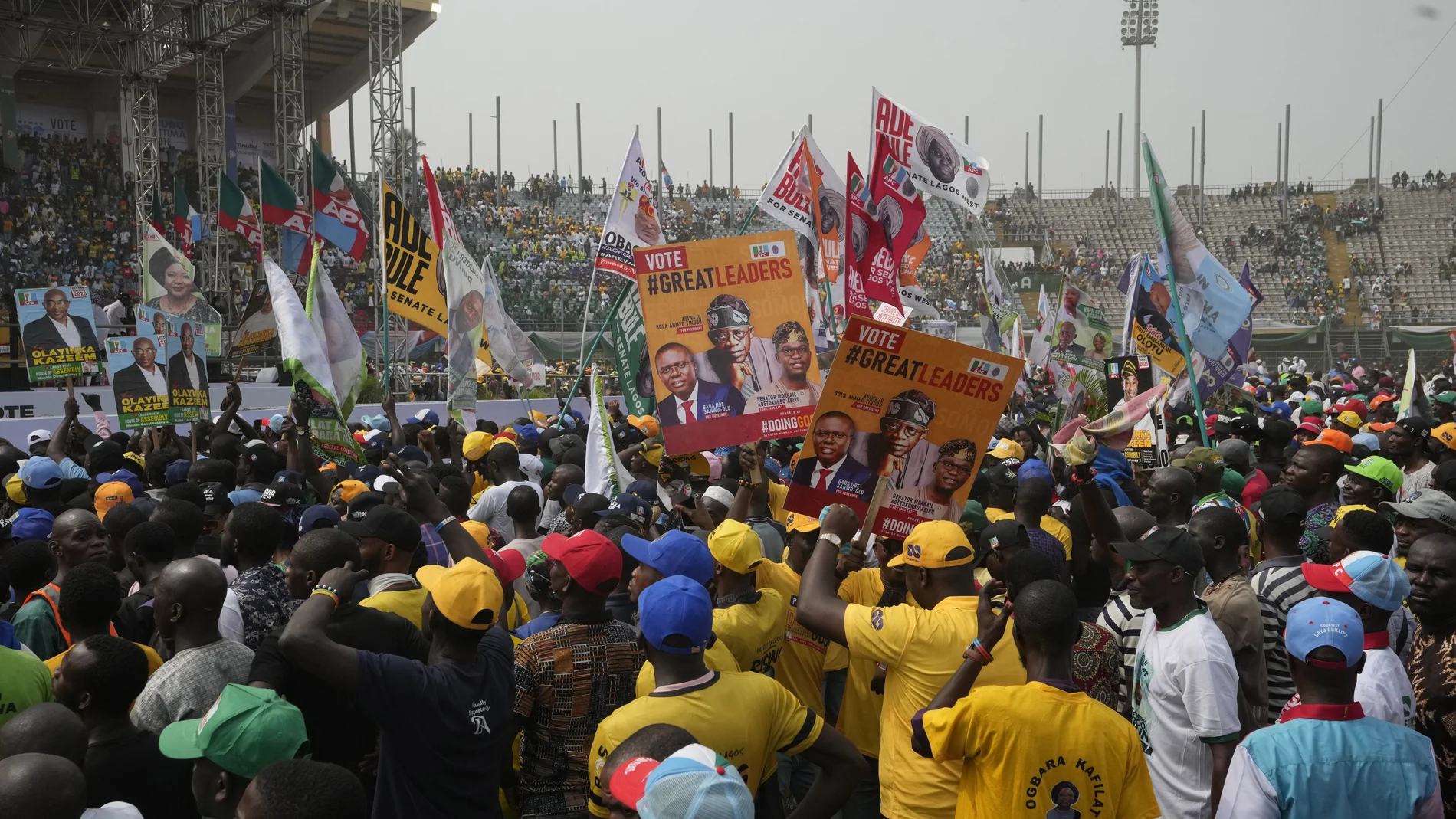Supporters of Bola Ahmed Tinubu, the presidential candidate of the All Progressives Congress, Nigeria ruling party, attend an election campaign rally at the Teslim Balogun Stadium in Lagos Nigeria, Tuesday, Feb. 21, 2023.