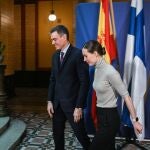 Finland's Prime Minister Sanna Marin (R) welcomes Spanish Prime Minister Pedro Sanchez (L) for their meeting in Helsinki, Finland, 03 March 2023. 
