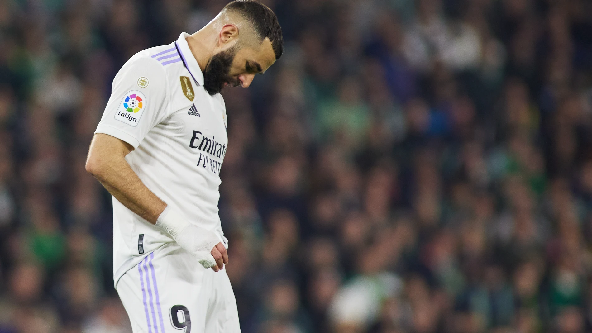 Karim Benzema of Real Madrid laments during the spanish league, La Liga Santander, football match played between Real Betis and Real Madrid at Benito Villamarin stadium on March 5, 2023, in Sevilla, Spain. AFP7 05/03/2023 ONLY FOR USE IN SPAIN