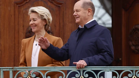 German Chancellor Olaf Scholz welcomes President of the European Commission Ursula Von der Leyen prior to a closed meeting of the federal cabinet in Meseberg, Germany, 05 March 2023.