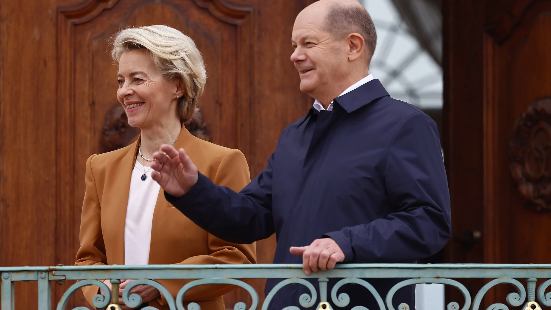 German Chancellor Olaf Scholz welcomes President of the European Commission Ursula Von der Leyen prior to a closed meeting of the federal cabinet in Meseberg, Germany, 05 March 2023. 