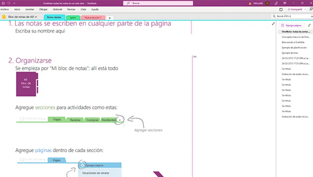 Interfaz de Microsoft OneNote.