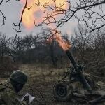 Volunteer soldiers fire towards Russian positions close to Bakhmut, Donetsk region, Ukraine.