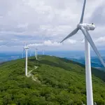La foto aérea, tomada el 19 de junio de 2022, muestra las turbinas eólicas en un parque forestal en el distrito de Raohe, en la provincia nororiental china de Heilon￾gjiang. (Xinhua/Xie Jianfei)