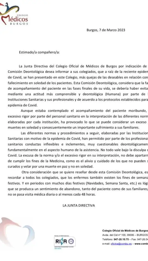 Comunicado del Colegio de Médicos de Burgos que ha generado la polémica