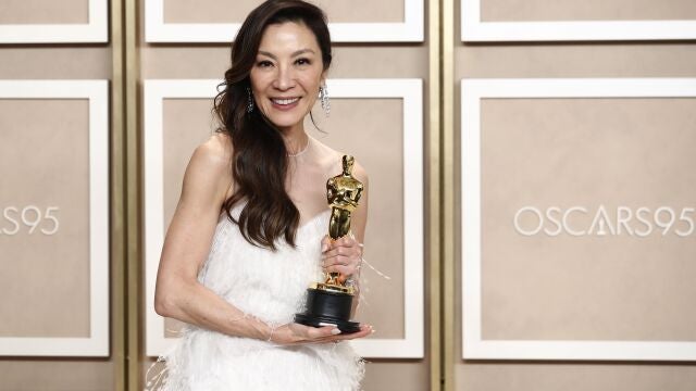 Michelle Yeoh with her Oscar for Best Actress for 'Everything Everywhere All at Once' in the press room during the 95th annual Academy Awards ceremony at the Dolby Theatre in Hollywood, Los Angeles, California, USA, 12 March 2023. The Oscars are presented for outstanding individual or collective efforts in filmmaking in 24 categories. 