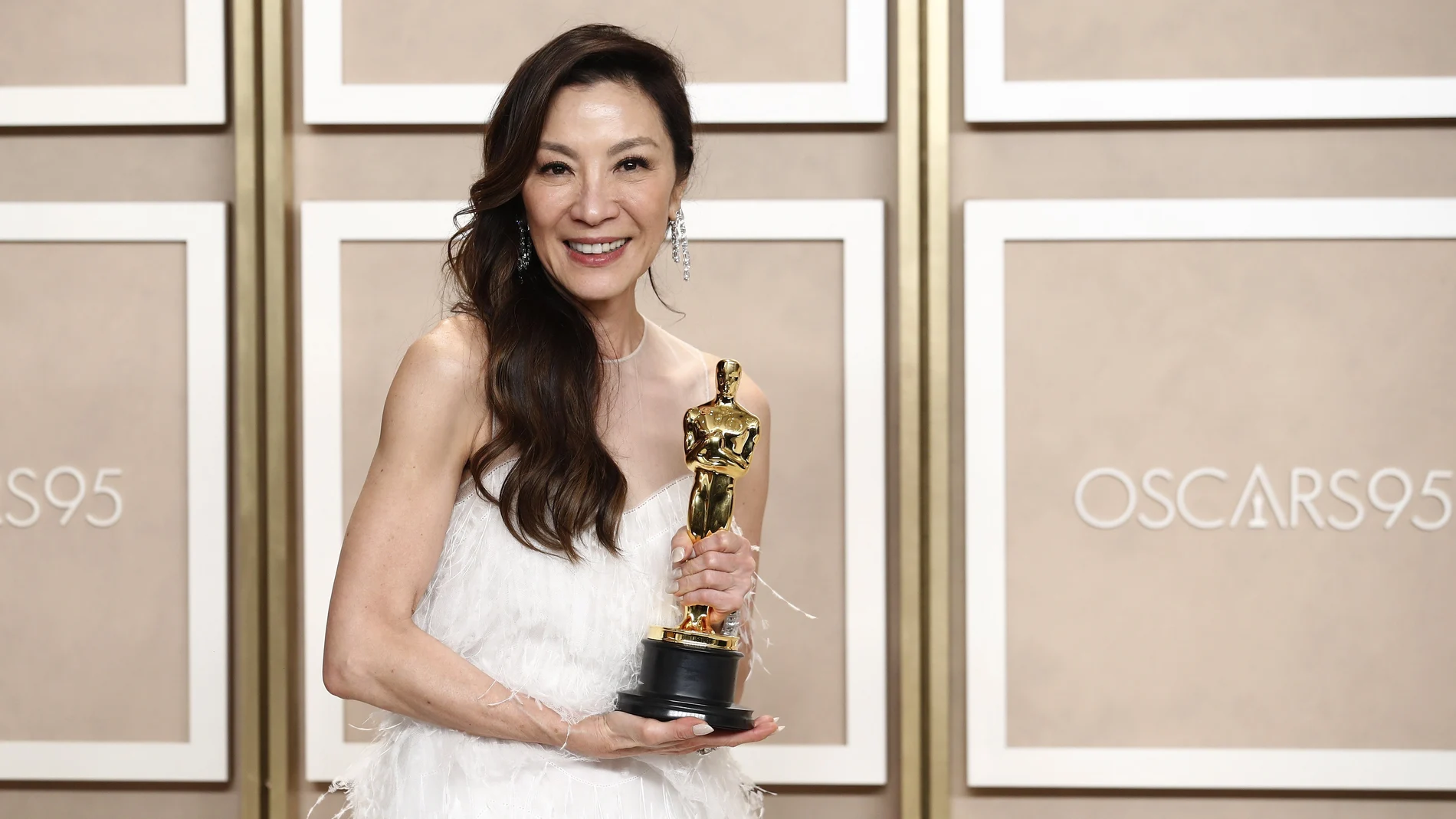 Michelle Yeoh with her Oscar for Best Actress for 'Everything Everywhere All at Once' in the press room during the 95th annual Academy Awards ceremony at the Dolby Theatre in Hollywood, Los Angeles, California, USA, 12 March 2023. The Oscars are presented for outstanding individual or collective efforts in filmmaking in 24 categories. 
