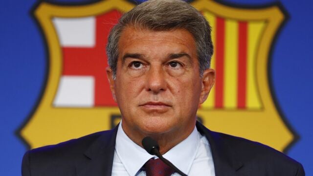 FC Barcelona club President Joan Laporta pauses during a news conference in Barcelona, Spain, on Aug. 6, 2021