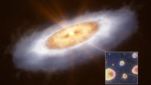 Esta impresión artística muestra el disco de formación planetaria alrededor de la estrella V883 Orionis. La imagen del recuadro muestra los dos tipos de moléculas de agua estudiados en este disco: el agua normal y una versión más pesada.