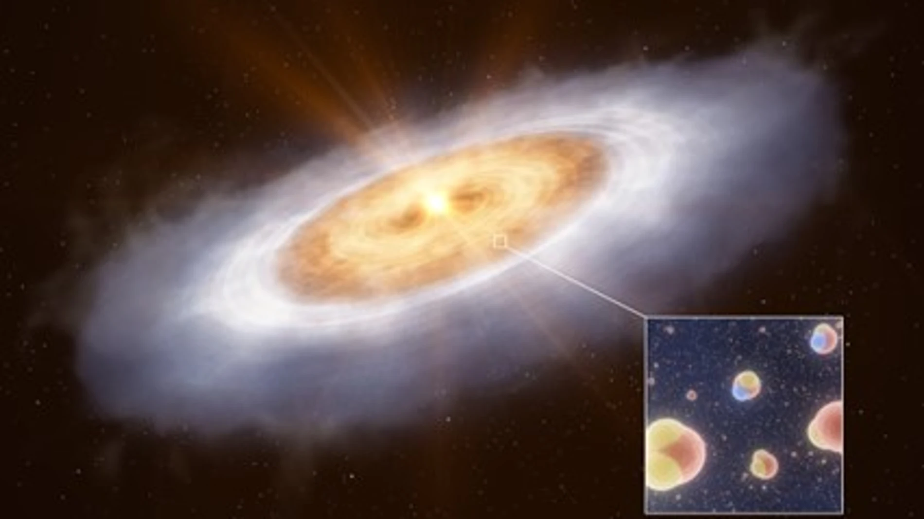 Esta impresión artística muestra el disco de formación planetaria alrededor de la estrella V883 Orionis. La imagen del recuadro muestra los dos tipos de moléculas de agua estudiados en este disco: el agua normal y una versión más pesada. 