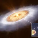 Esta impresión artística muestra el disco de formación planetaria alrededor de la estrella V883 Orionis. La imagen del recuadro muestra los dos tipos de moléculas de agua estudiados en este disco: el agua normal y una versión más pesada. 