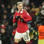Manchester United&#39;s Antony celebrates after scoring his side&#39;s second goal during the Europa League round of 16 first leg soccer match between Manchester United and Real Betis at the Old Trafford stadium in Manchester