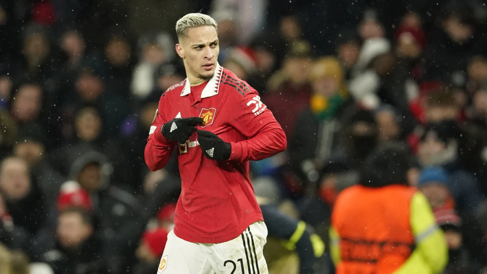 Manchester United's Antony celebrates after scoring his side's second goal during the Europa League round of 16 first leg soccer match between Manchester United and Real Betis at the Old Trafford stadium in Manchester