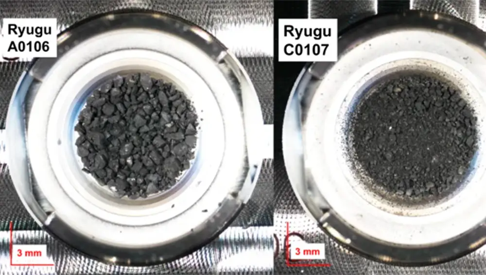 Aspectos de las muestras de tierra extraídas del asteroide Ryugu.