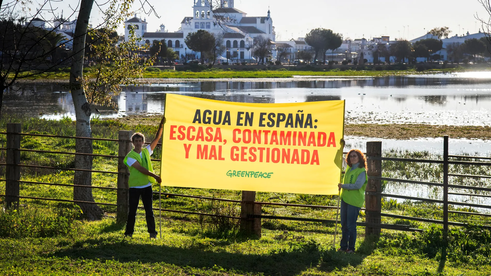 Un grupo de activistas de Greenpeace se manifestó ayer en Doñana con motivo del Día Internacional del Agua que se celebra hoy