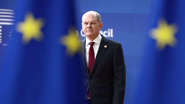 El canciller Olaf Scholz, a su llegada, hoy, a Bruselas 