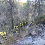 Integrantes de las brigadas forestales terrestres de Murcia trabajan en labores de extinción del incendio que afecta a las provincias de Castellón y Teruel