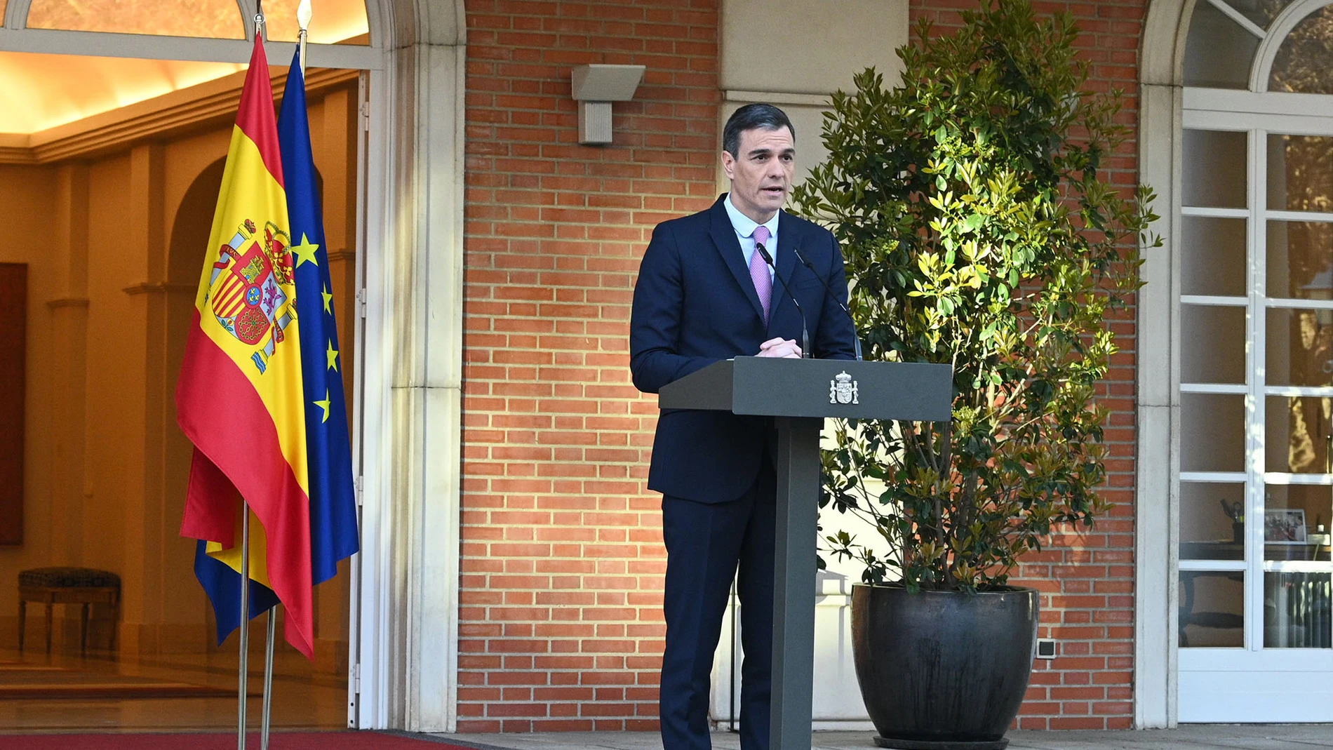 El presidente del Gobierno, Pedro Sánchez, durante la declaración institucional en Moncloa