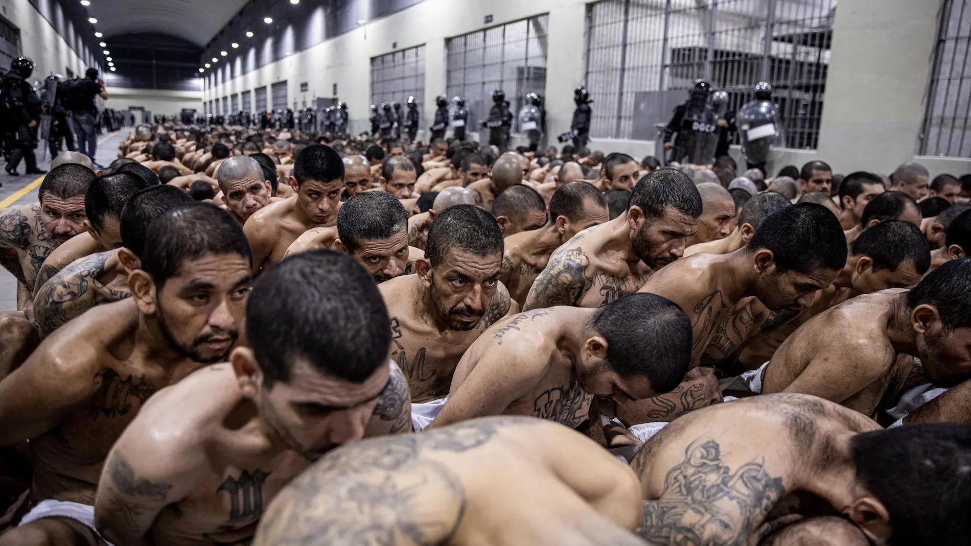 This handout picture released by the El Salvador's Presidency shows the second arrival of inmates belonging to the MS-13 and 18 gangs to the new prison "Terrorist Confinement Centre" (CECOT) in Tecoluca, 74 km southeast of San Salvador, on March 15, 2023. - The "Terrorist Confinement Centre" (CECOT), "America's largest" mega-prison, is equipped with high-tech surveillance and designed to house 40,000 criminals.