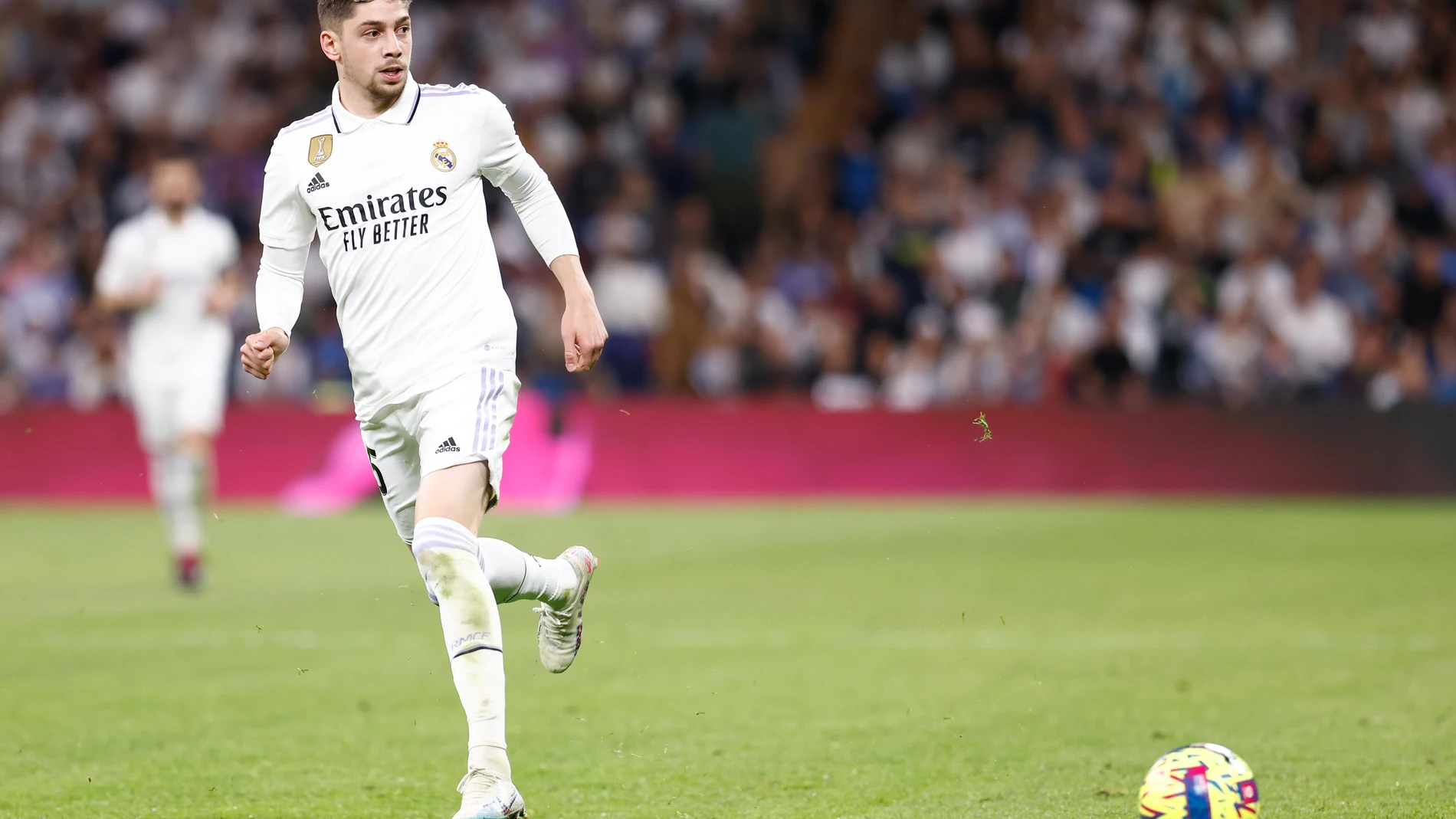 Federico Valverde of Real Madrid in action during the Spanish League, La Liga Santander, football match played between Real Madrid and Villarreal CF at Santiago Bernabeu stadium on April 08, 2023, in Madrid, Spain. Oscar J. Barroso / Afp7 08/04/2023 ONLY FOR USE IN SPAIN
