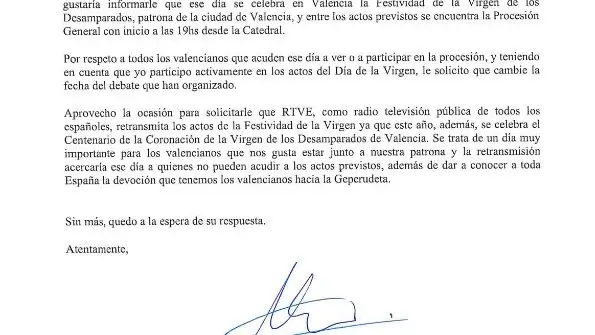 Carta que María José Catalá (PP) ha enviado a RTVE