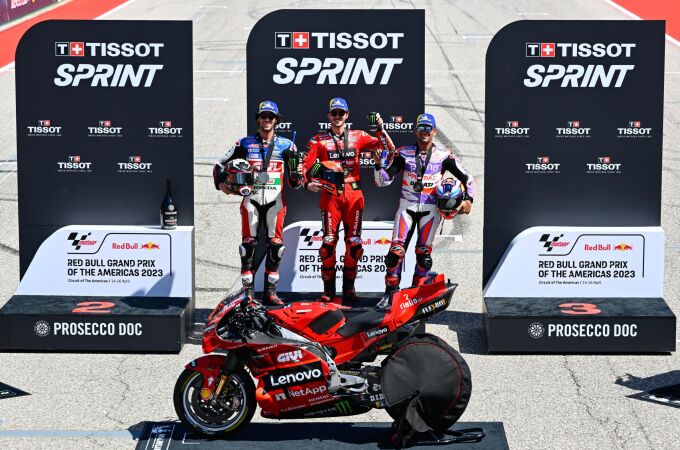 Bagnaia, Rins y Martín, en el podio de la Sprint de Austin