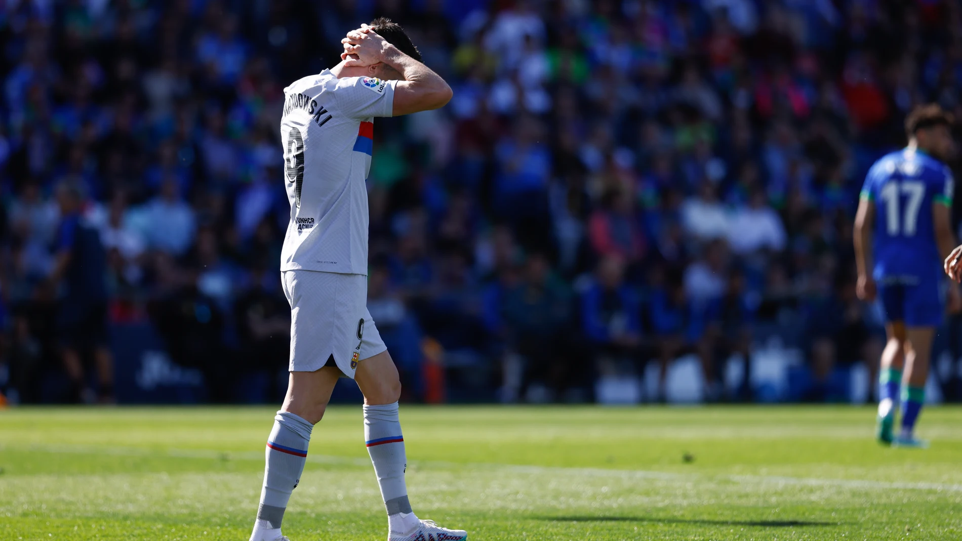 Robert Lewandowski of FC Barcelona laments during the spanish league, La Liga Santander, football match played between Getafe CF and FC Barcelona at Coliseum Alfonso Perez stadium on April 16, 2023, in Madrid, Spain.
Oscar J. Barroso / Afp7 
16/04/2023 ONLY FOR USE IN SPAIN