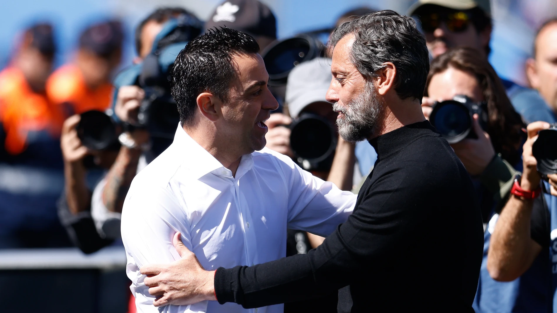 Xavi Hernandez, head coach of FC Barcelona, saludates to Quique Sanchez Flores, head coach of Getafe, during the spanish league, La Liga Santander, football match played between Getafe CF and FC Barcelona at Coliseum Alfonso Perez stadium on April 16, 2023, in Madrid, Spain. Oscar J. Barroso / Afp7 16/04/2023 ONLY FOR USE IN SPAIN