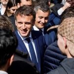 French President, Emmanuel Macron, and Gerald Darmanin (C-R), Interior Minister of France, meet supporters during a visit to the town hall in Denain.