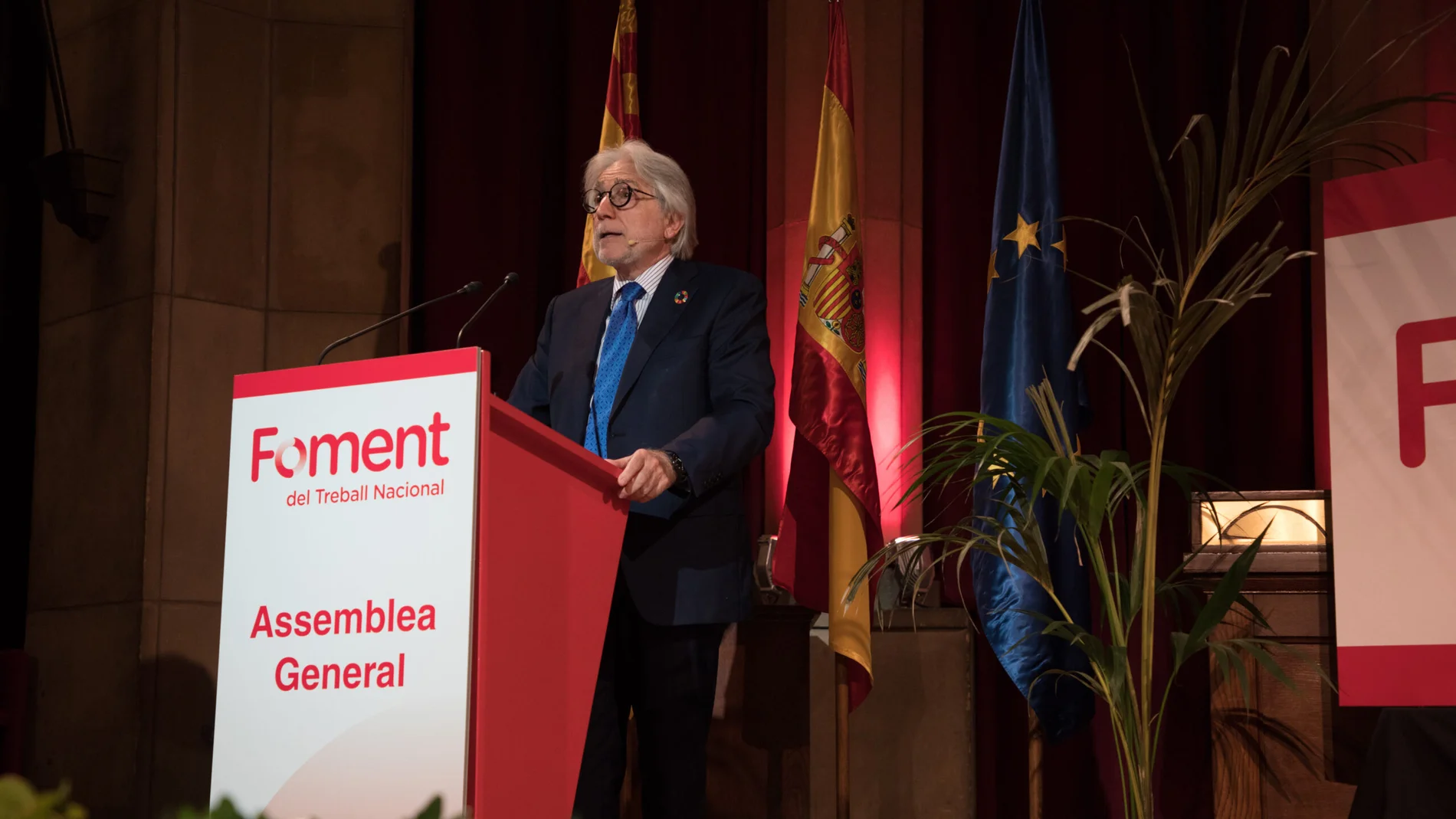 El presidente de Foment del Treball, Josep Sánchez Llibre, durante la asamblea general que la patronal catalana ha celebrado hoy.
