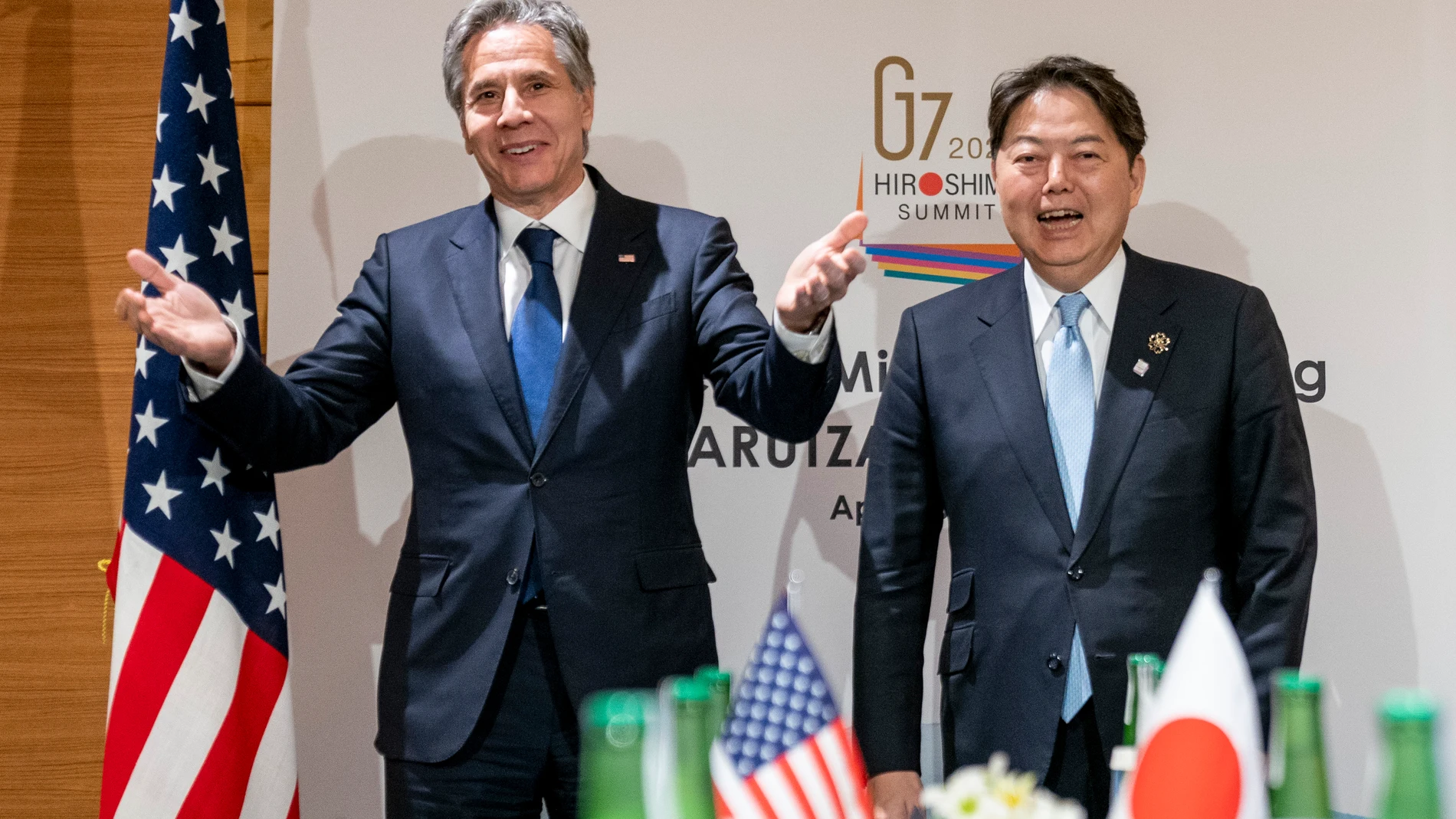 U.S. Secretary of State Antony Blinken, left, and Japan's Foreign Minister Yoshimasa Hayashi arrive for a meeting during a G7 Foreign Ministers' Meeting at The Prince Karuizawa hotel in Karuizawa, Japan, Monday, April 17, 2023. (AP Photo/Andrew Harnik, Pool)