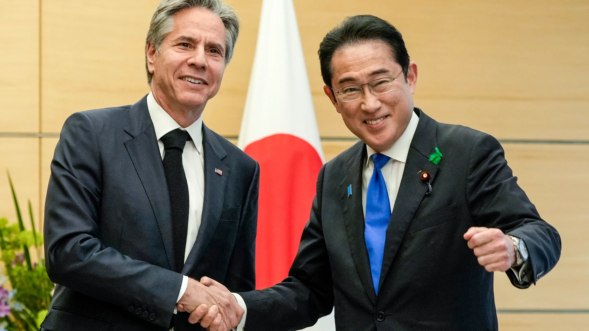 U.S. Secretary of State Antony Blinken, left, meets Japanese Prime Minister Fumio Kishida at the latter's official residence in Tokyo, Japan, Tuesday, April 18, 2023 after Blinken attended the G7 Foreign Ministerial Meeting in Karuizawa, north of Tokyo. (Kimimasa Mayama/Pool Photo via AP)
