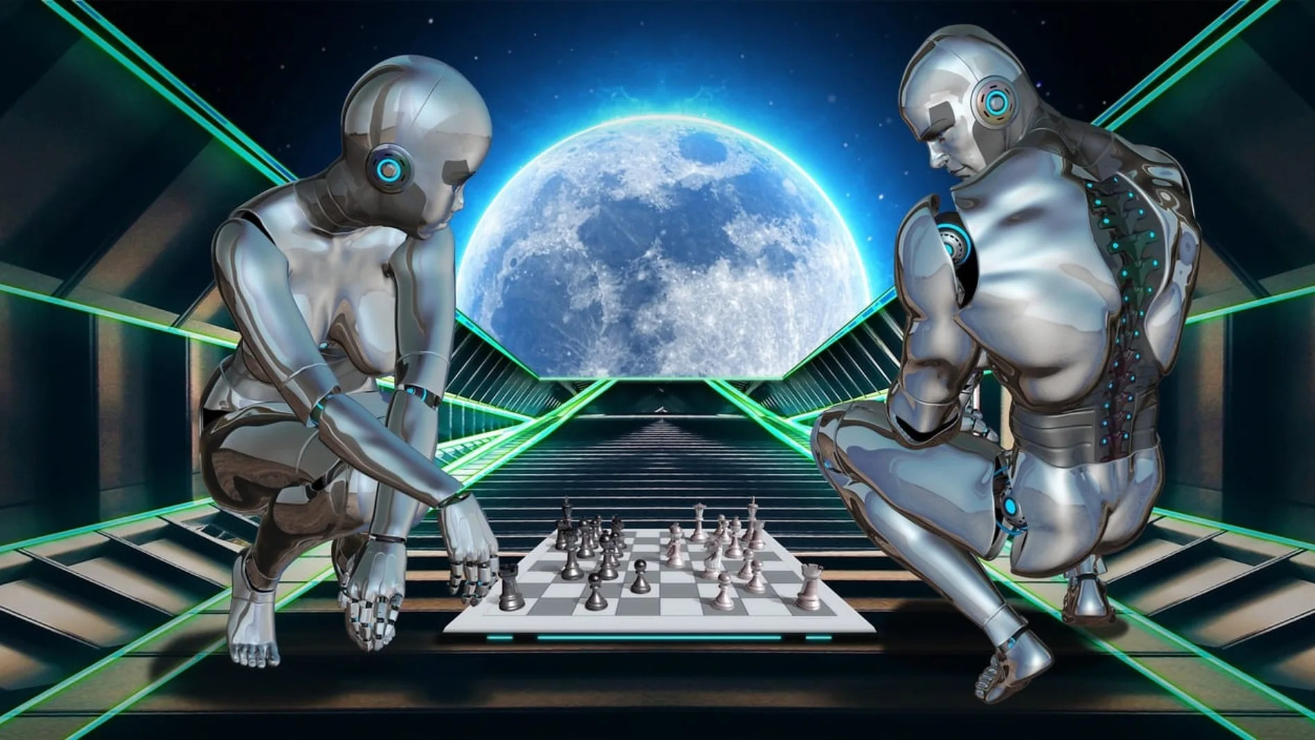 Dos cyborgs juegan al ajedrez en un escenario futurista