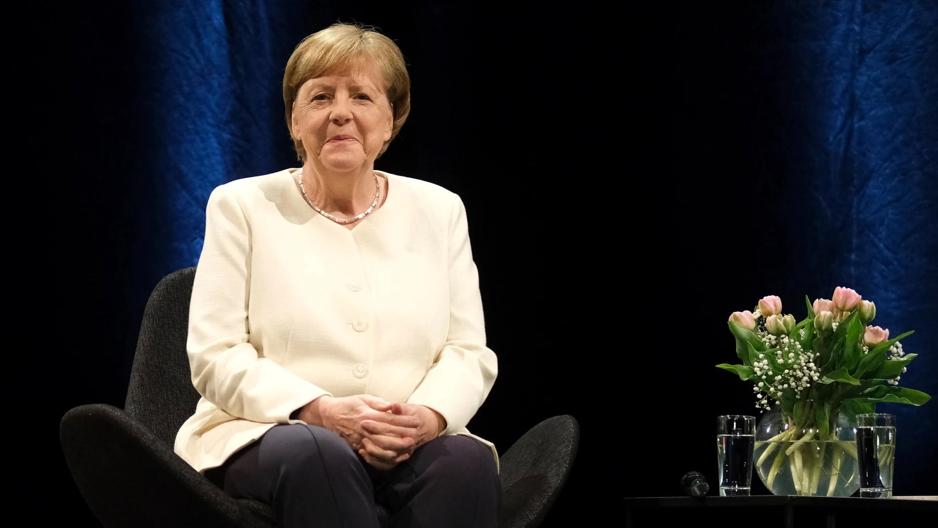 Former German Chancellor Angela Merkel attends a Leipzig Book Fair event in Leipzig, Germany, Saturday, April 29, 2023. (Sebastian Willnow/dpa via AP)