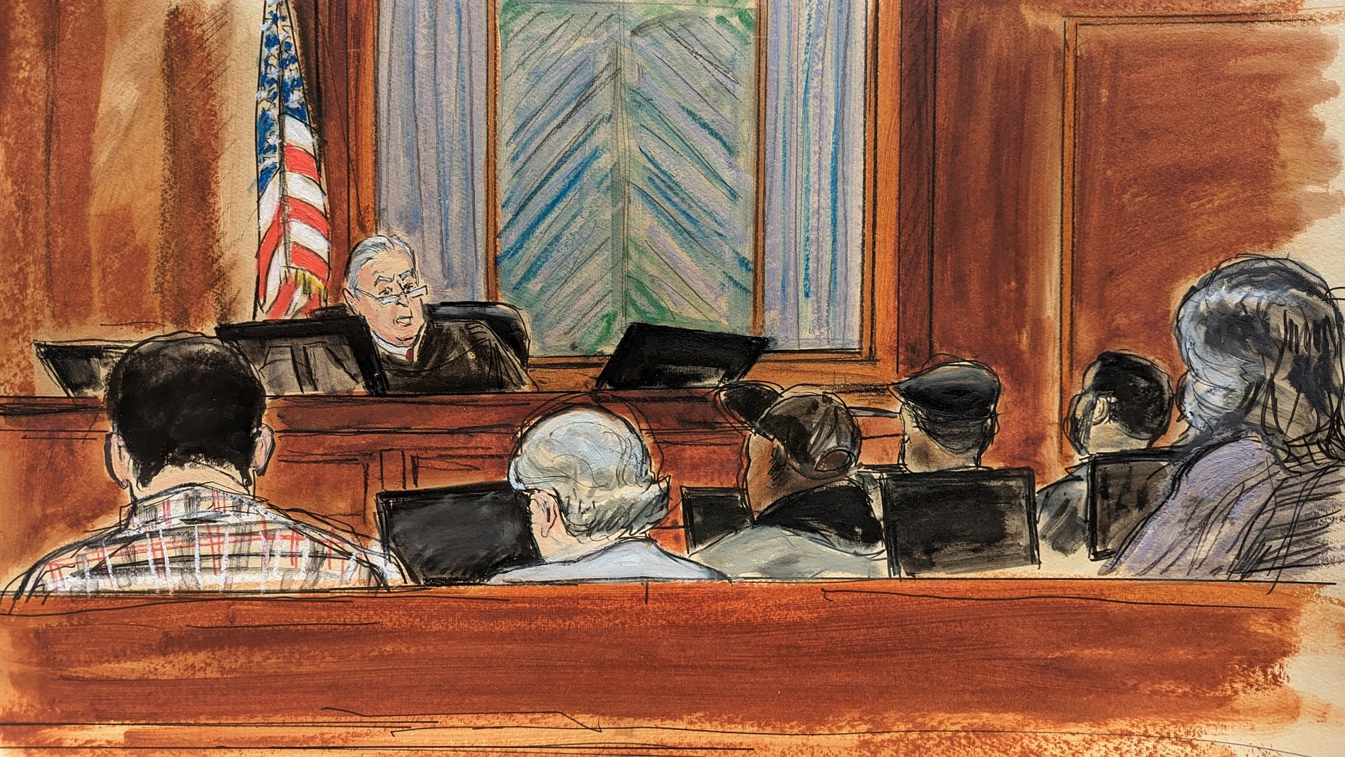 In this courtroom sketch, Judge Lewis Kaplan reads the jury instructions prior to their deliberations in Manhattan federal court, Tuesday, May 9, 2023, in New York, in a lawsuit brought by columnist E. Jean Carroll, who alleges that Donald Trump raped her in a luxury Manhattan department store in 1996. (Elizabeth Williams via AP)