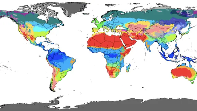 Cada color es una zona climática según el mapa de Clasificación Climática de Köppen-Geiger