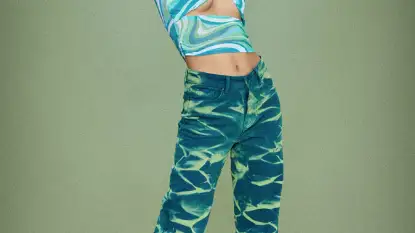 Green and Blue printed slouchy fit jeans.