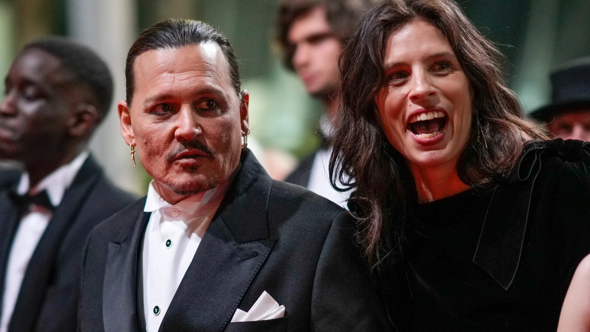 Johnny Depp, left, and director Maiwenn pose for photographers upon departure from the premiere of the film 'Jeanne du Barry' at the 76th international film festival, Cannes, southern France, Tuesday, May 16, 2023. (Photo by Scott Garfitt/Invision/AP)