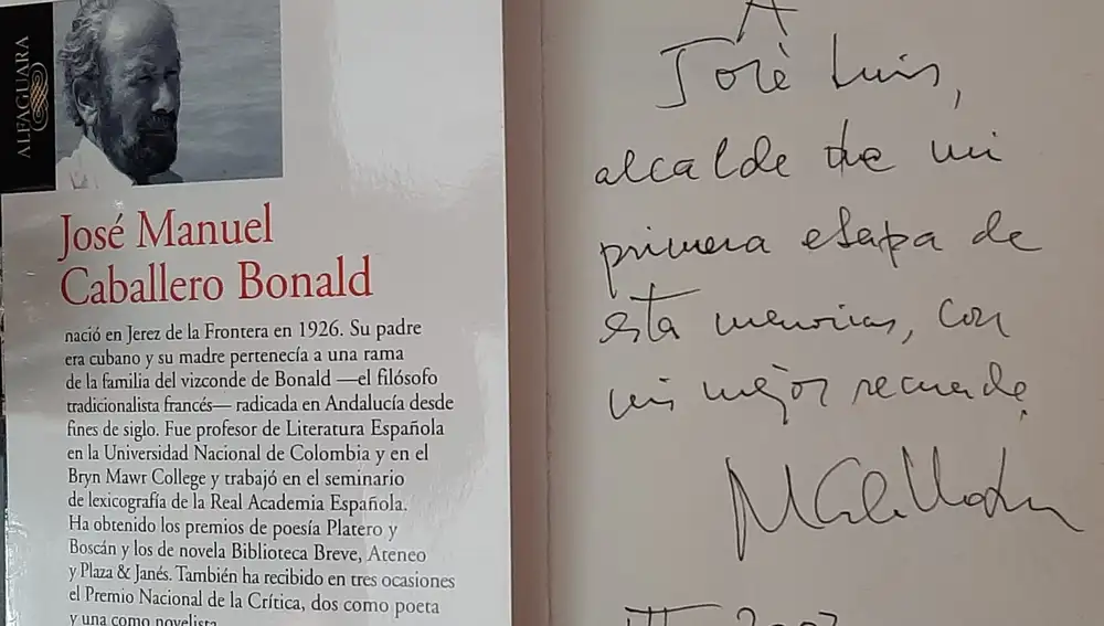 Dedicatoria de puño y letra de José Manuel Caballero Bonald en 2002