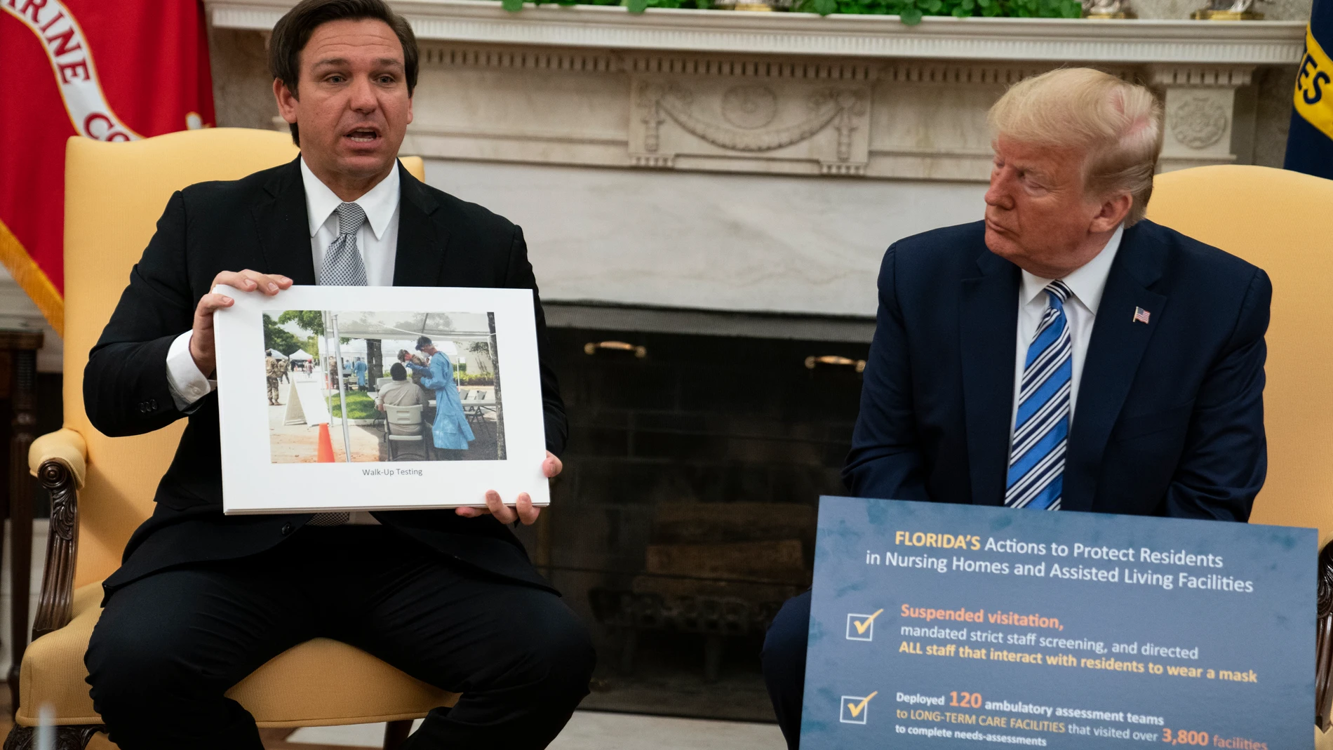 FILE - President Donald Trump listens as Florida Gov. Ron DeSantis talks about the coronavirus response during a meeting in the Oval Office of the White House, April 28, 2020, in Washington. Before Trump and DeSantis were leading rivals for the 2024 Republican presidential nomination, they were allies. (AP Photo/Evan Vucci, File)