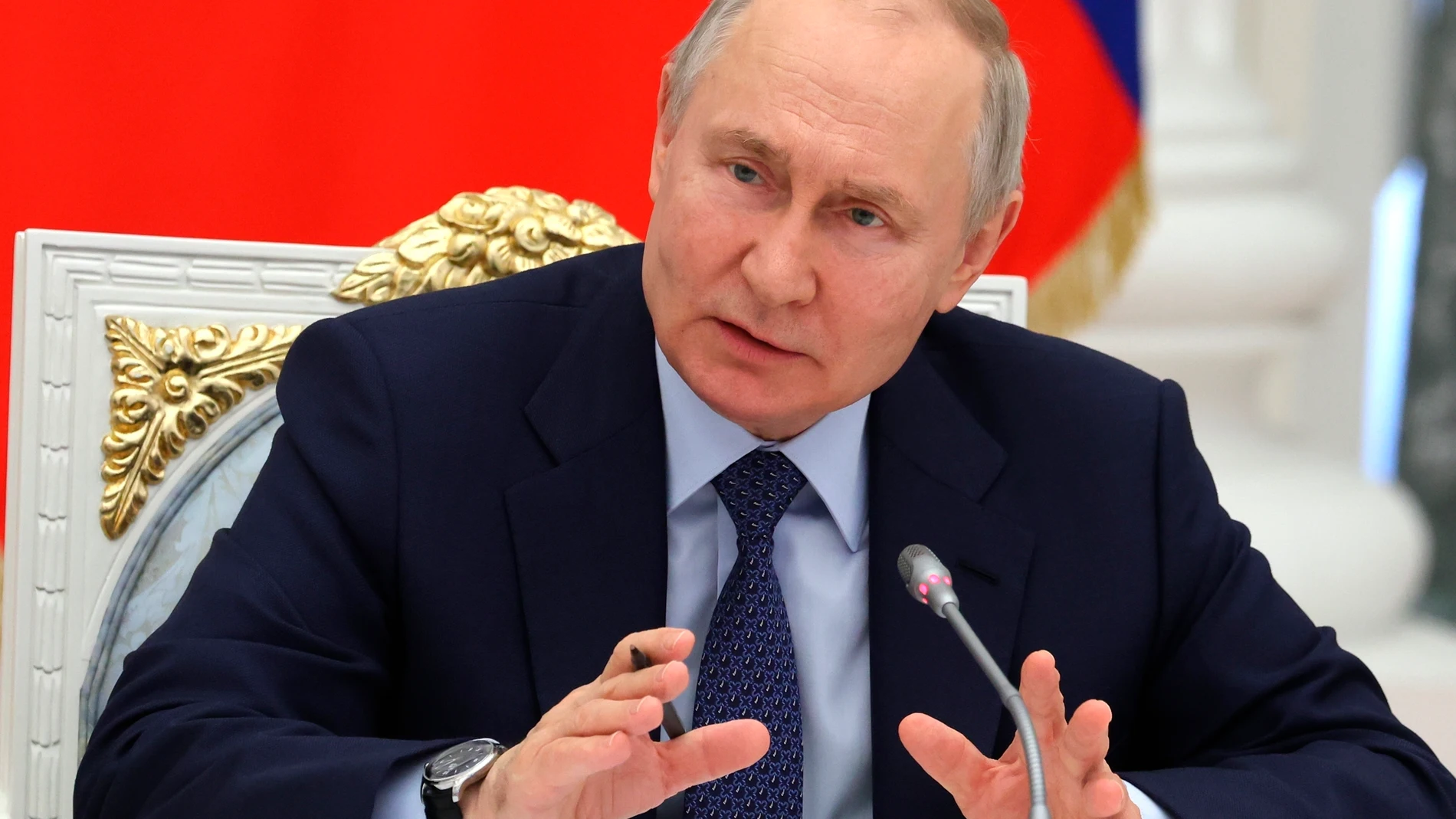 Russian President Vladimir Putin attends a meeting with members of the Business Russia organisation at the Kremlin in Moscow, Russia, Friday, May 26, 2023. (Mikhail Klimentyev, Sputnik, Kremlin Pool Photo via AP)