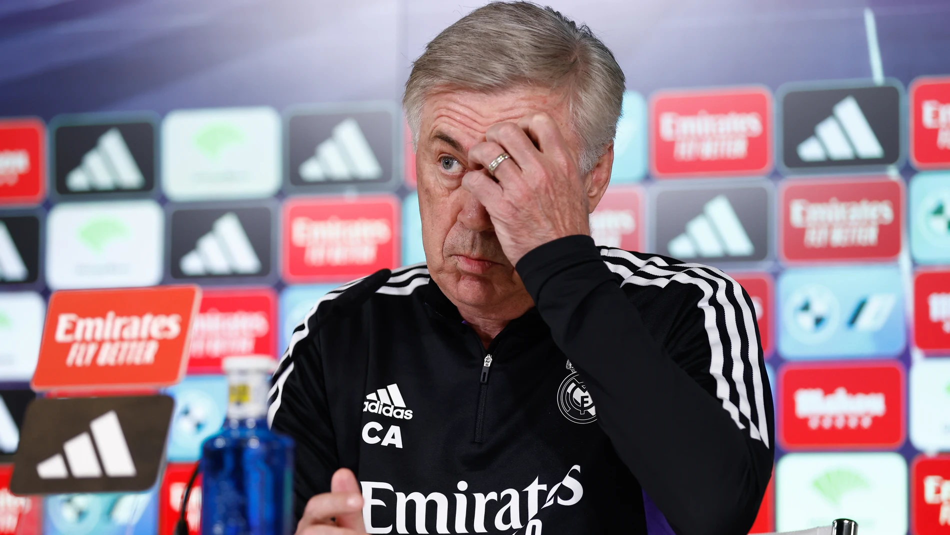 Carlo Ancelotti, head coach, attends his press conference during the Real Madrid training day celebrated at Ciudad Deportiva Real Madrid on May 26, 2023, in Valdebebas, Madrid, Spain. Oscar J. Barroso / Afp7 26/05/2023 ONLY FOR USE IN SPAIN