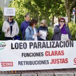 Concentración de funcionarios de la Justicia para recibir a la ministra del ramo, Pilar Llop, que asiste a la primera Cumbre Internacional de Mediación Empresarial