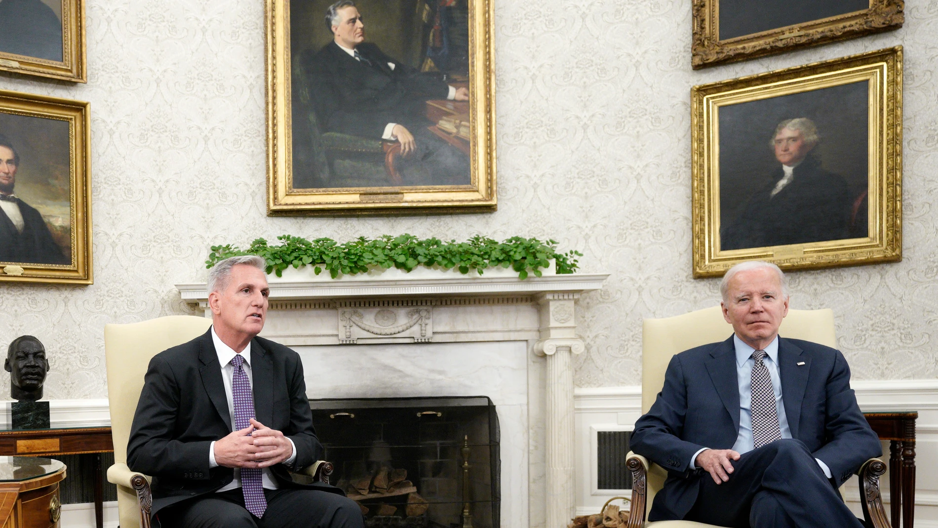 May 22, 2023, Washington, District of Columbia, USA: United States President Joe Biden, right, meets with Speaker of the US House of Representatives Kevin McCarthy (Republican of California), left, in the Oval Office of the White House in Washington, DC on May 22, 2023 23/05/2023