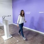 La líder de Podemos y ministra de Derechos Sociales, Ione Belarra, a su salida de una rueda de prensa 