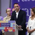 Alejandra Jacinto, comparece en una rueda de prensa junto al candidato a la Alcaldía, Roberto Sotomayor, durante el seguimiento de la jornada electoral en la sede de Podemos, a 28 de mayo de 2023, en Madrid 