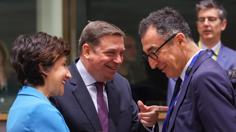 Brussels (Belgium), 30/05/2023.- (L-R) Portuguese Agriculture and Food Minister Maria do Ceu Antunes, Spanish Agriculture, Fishing and Food Minister Luis Planas and German Minister for Food and Agriculture Cem Ozdemir speak at the start of the European Agriculture and Fisheries ministers council in Brussels, Belgium, 30 May 2023. The Council will debate on the market situation for agrifood products in the EU, with an emphasis on the impact of the war in Ukraine. (Bélgica, Ucrania, Bruselas)