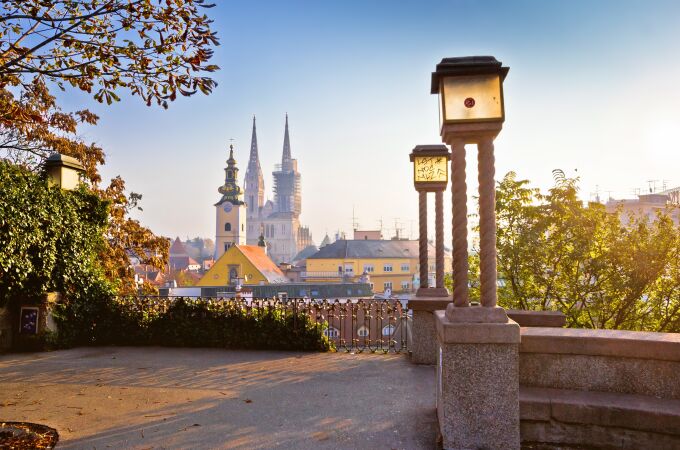 Historic Zagreb towers sunrise view