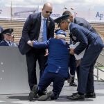 President Joe Biden falls on stage during the 2023 United States Air Force Academy Graduation Ceremony at Falcon Stadium, Thursday, June 1, 2023, at the United States Air Force Academy in Colorado Springs, 